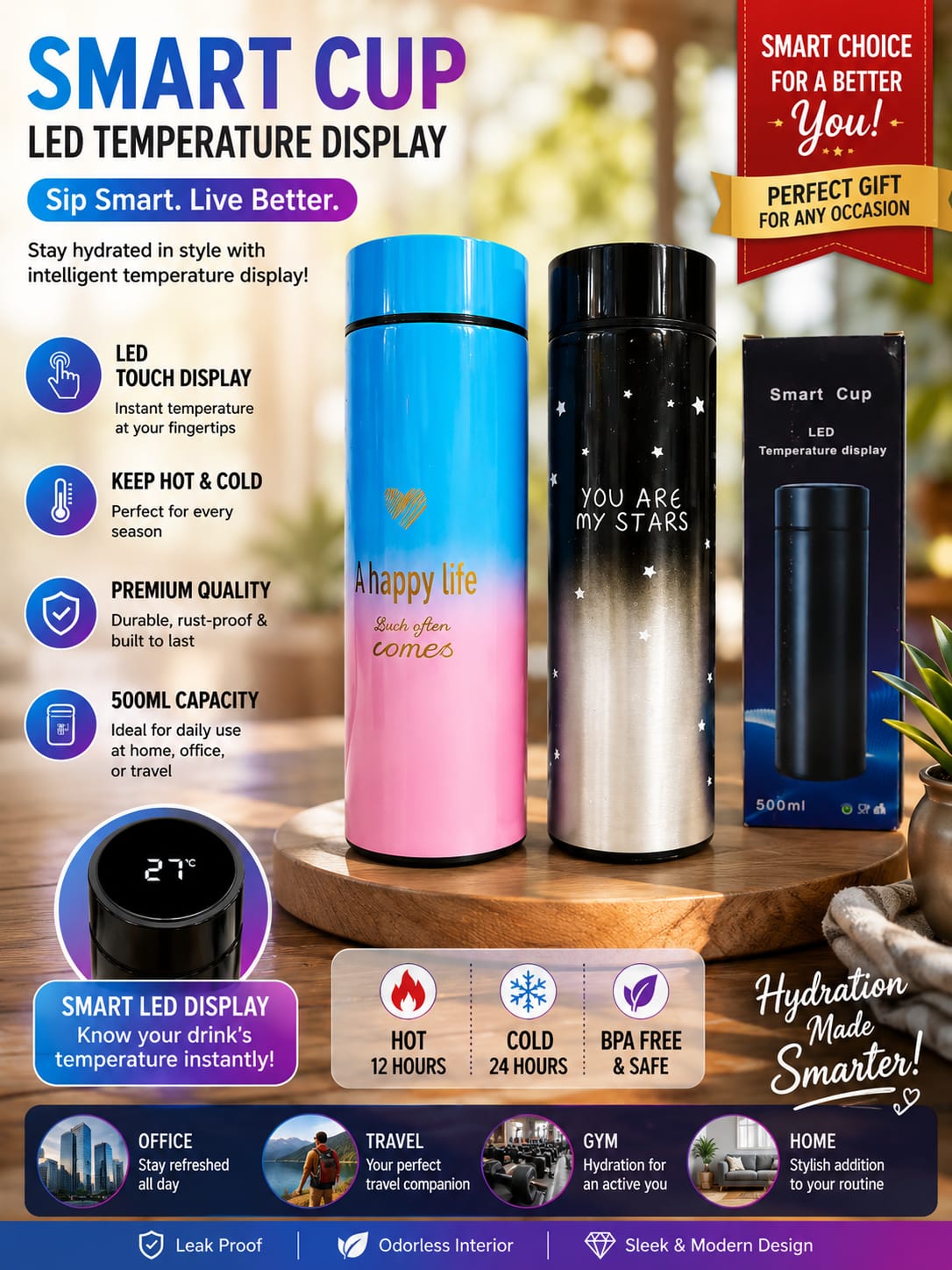 500ml Smart LED Temperature Display Vacuum Flask – Stainless Steel Insulated Water Bottle