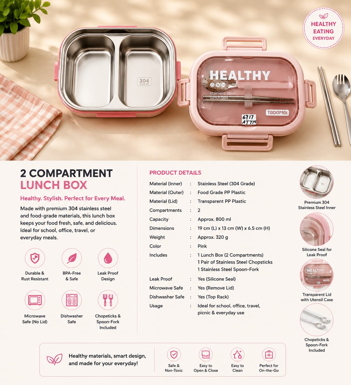 Stainless Steel Lunch Box with Cutlery – Leak-Proof Food Container
