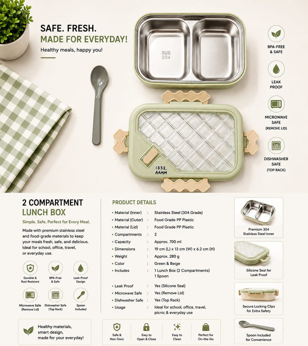 Stainless Steel Lunch Box – Leak-Proof Food Container with 2 Compartments (700ml)