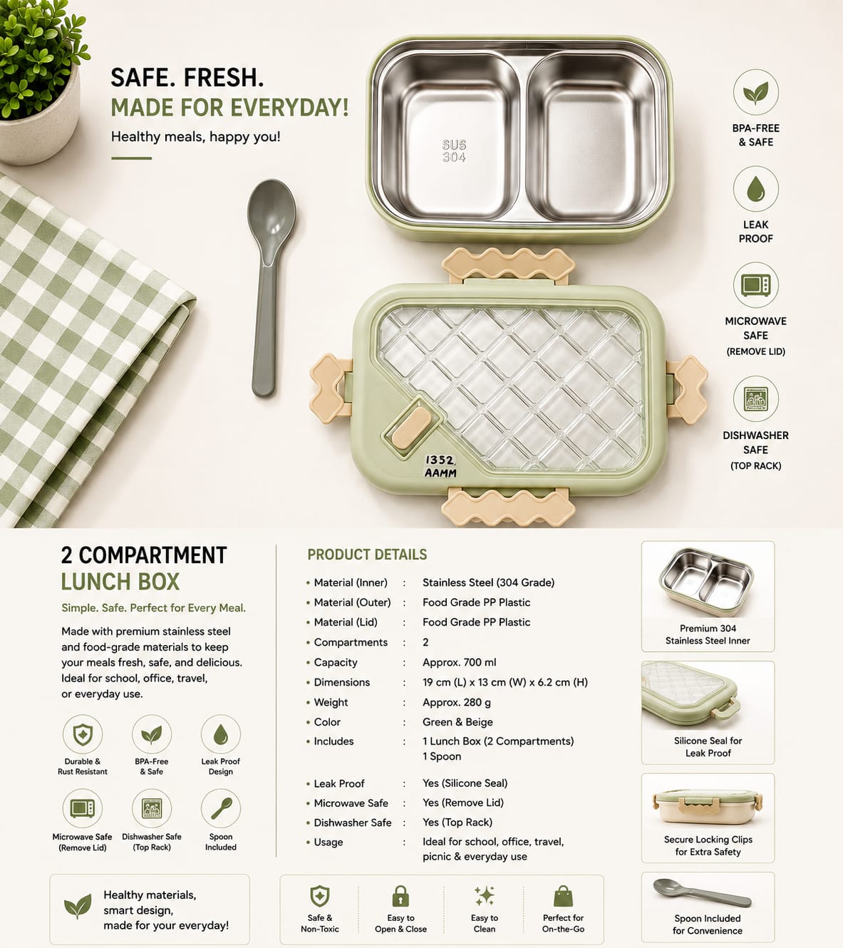 Stainless Steel Lunch Box – Leak-Proof Food Container with 2 Compartments (700ml)