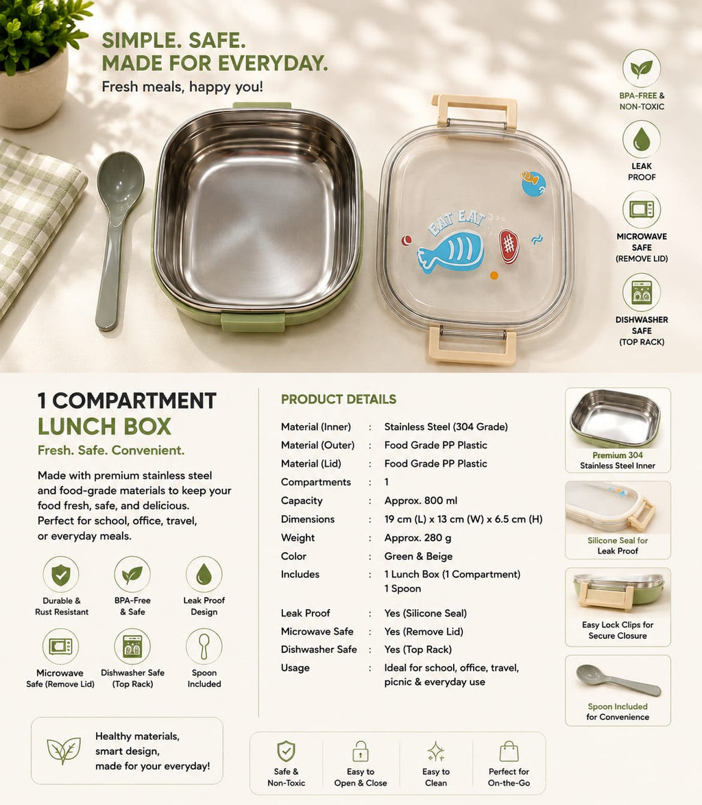 Green Square Lunch Box (800ml) , Stainless Steel Lunch Box – Fresh Meals Anytime, Anywhere