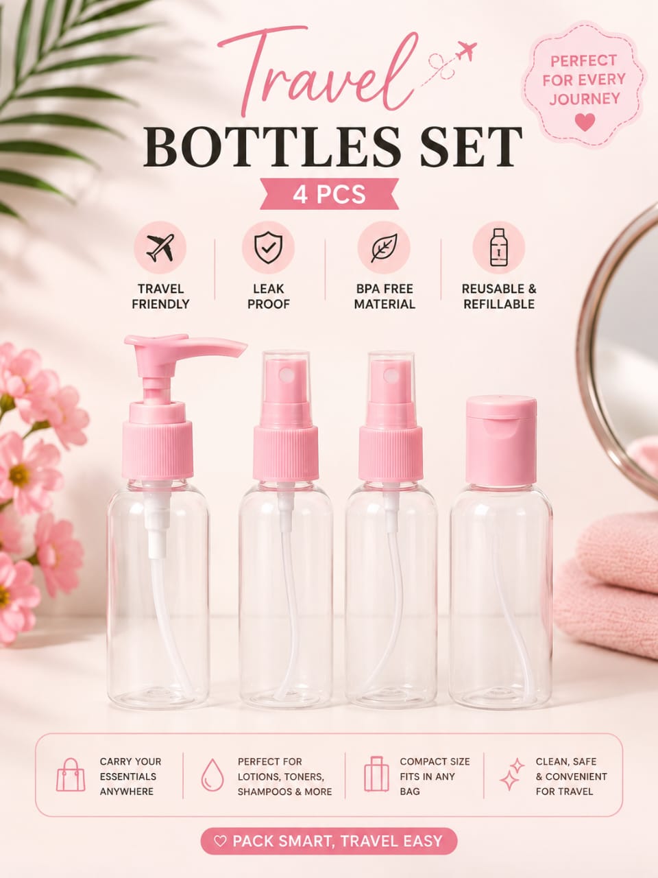 4-Piece Travel Bottles Set – Leak-Proof Refillable Containers