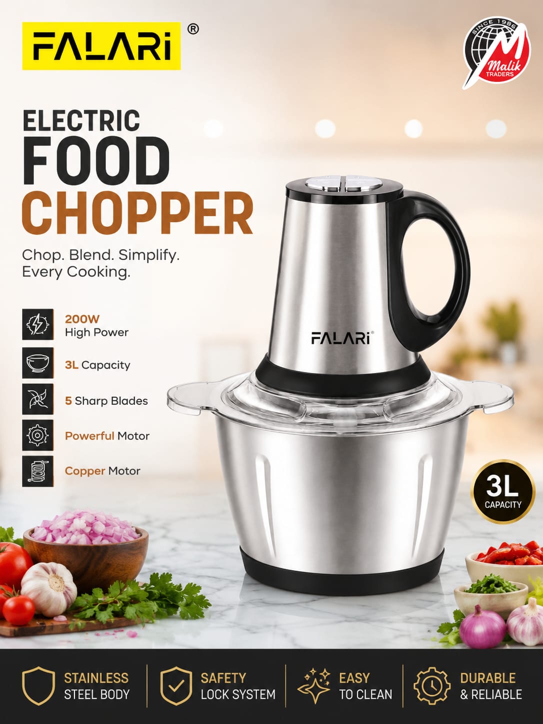 FALARI 200W Electric Food Chopper – 3L Capacity