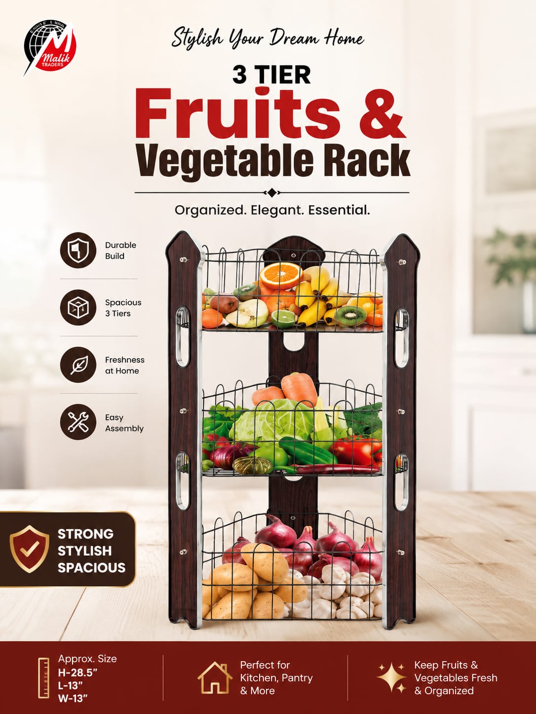3-Tier Fruits & Vegetable Rack – Spacious Kitchen Storage Organizer