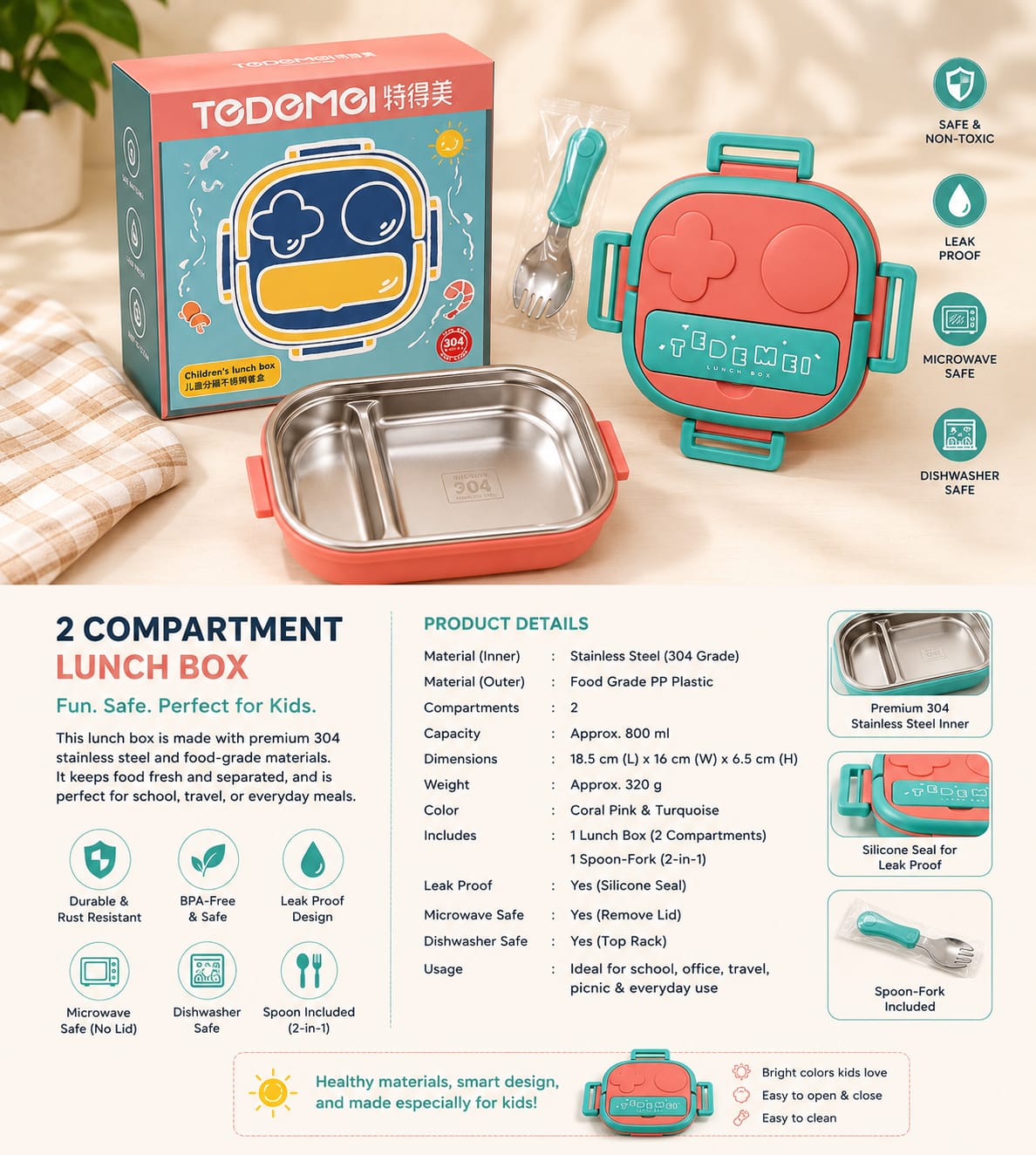 TODEMEI Stainless Steel Kids Lunch Box – Leak-Proof Food Container with Spoon & Fork