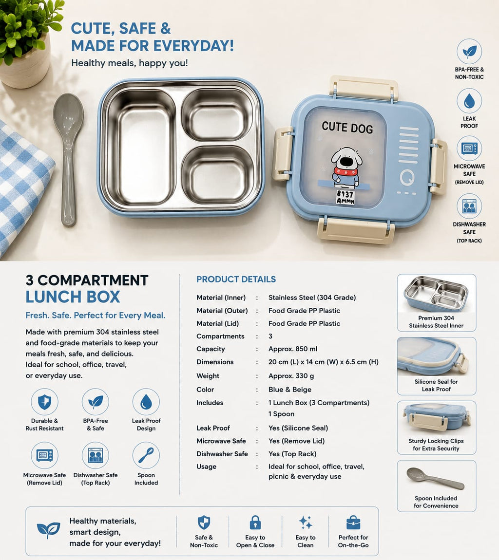 Cute Dog Stainless Steel 3 Compartment Lunch Box – Leak-Proof Kids Food Container