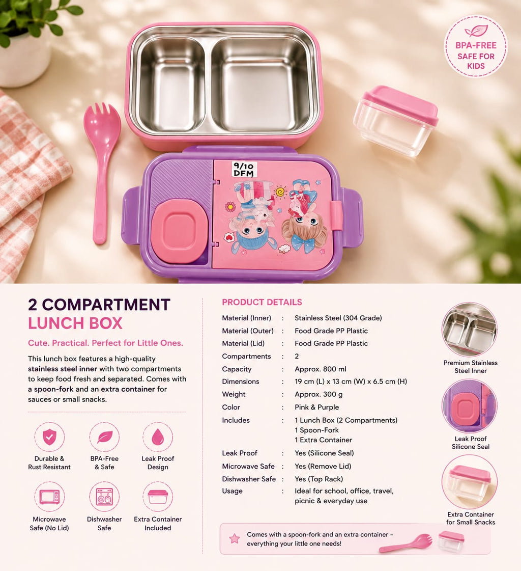 Kids Stainless Steel Lunch Box – Leak-Proof Food Container with Snack Box