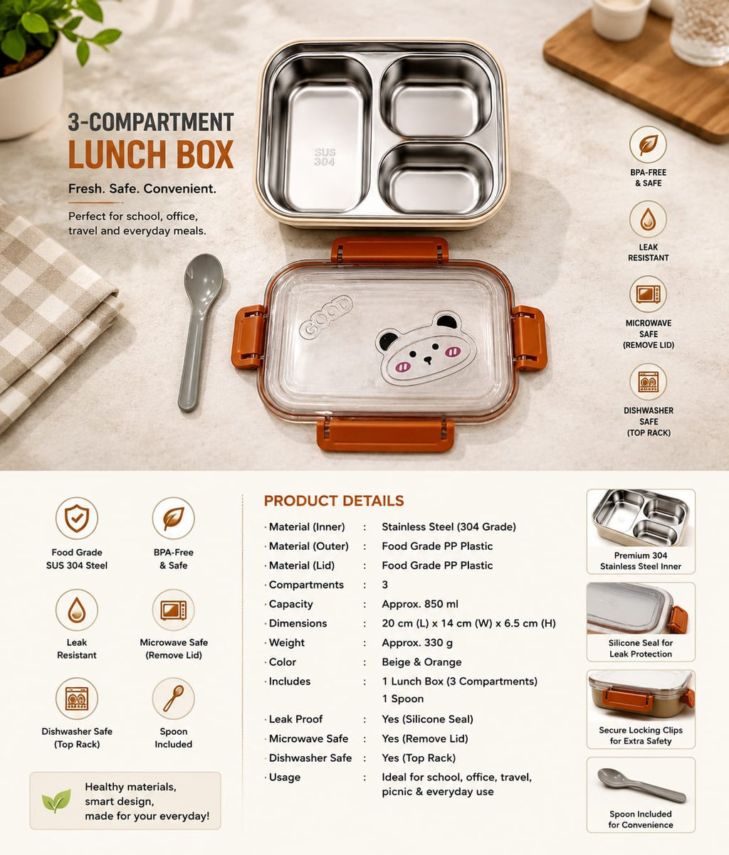 Stainless Steel 3 Compartment Lunch Box – Leak-Proof Food Container