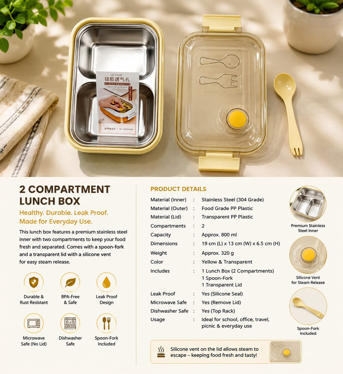 Stainless Steel Lunch Box – Leak-Proof Food Container with Spoon