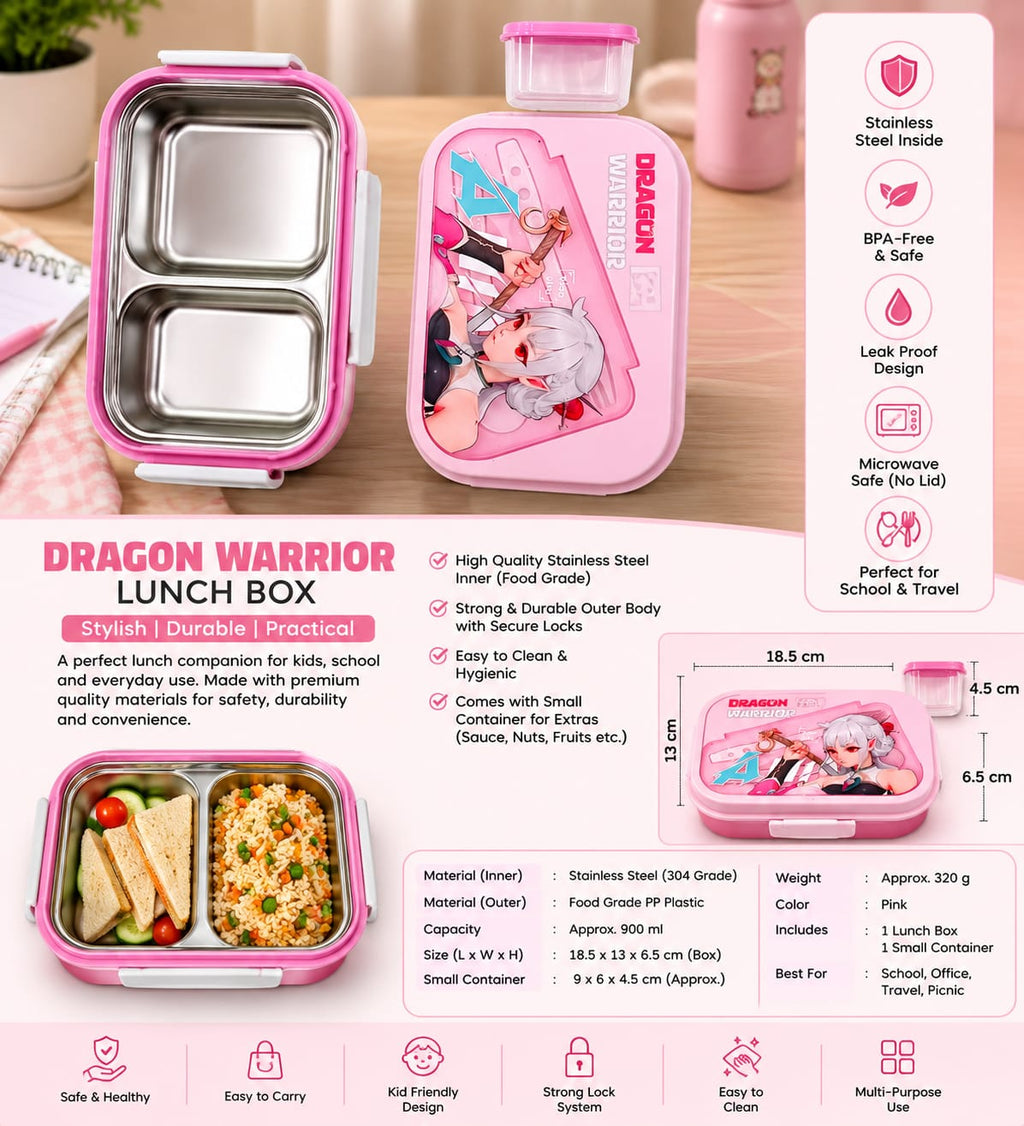 Dragon Warrior Stainless Steel Lunch Box – Leak-Proof Kids Lunch Box (700ml)