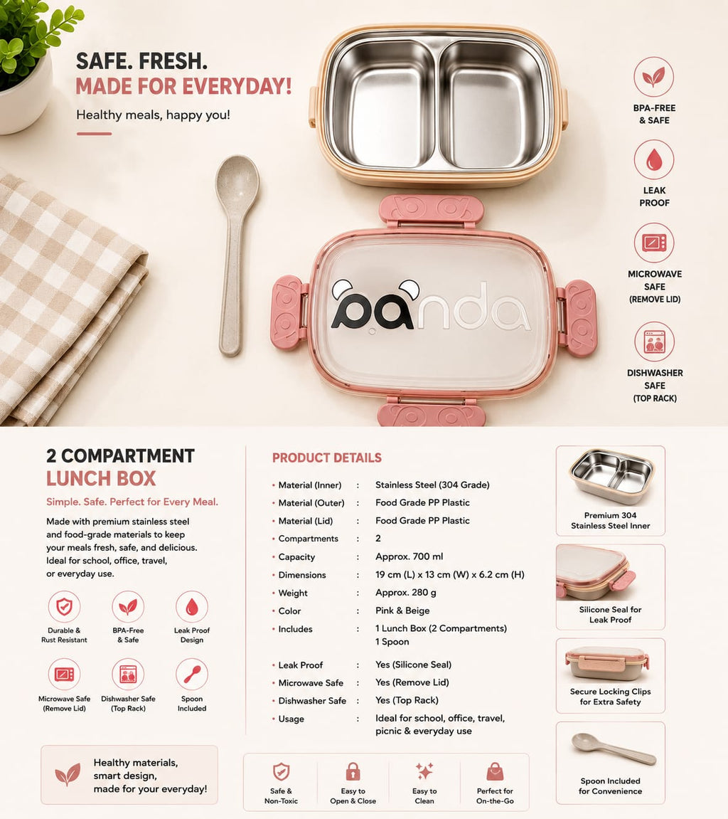 Panda Stainless Steel Lunch Box – Leak-Proof Food Container with 2 Compartments (700ml)