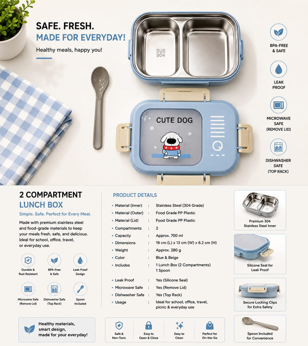 Cute Dog Stainless Steel Lunch Box – Leak-Proof 2 Compartment Food Container