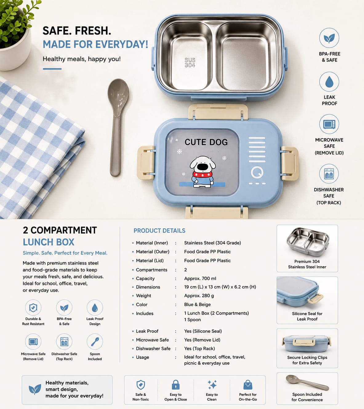 Cute Dog Stainless Steel Lunch Box – Leak-Proof 2 Compartment Food Container