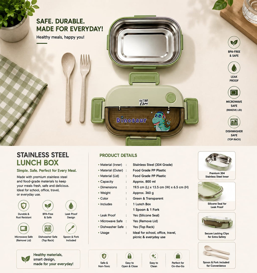 Green Kids Lunch Box with Spoon & Fork – 800ml Leak-Proof Food Container