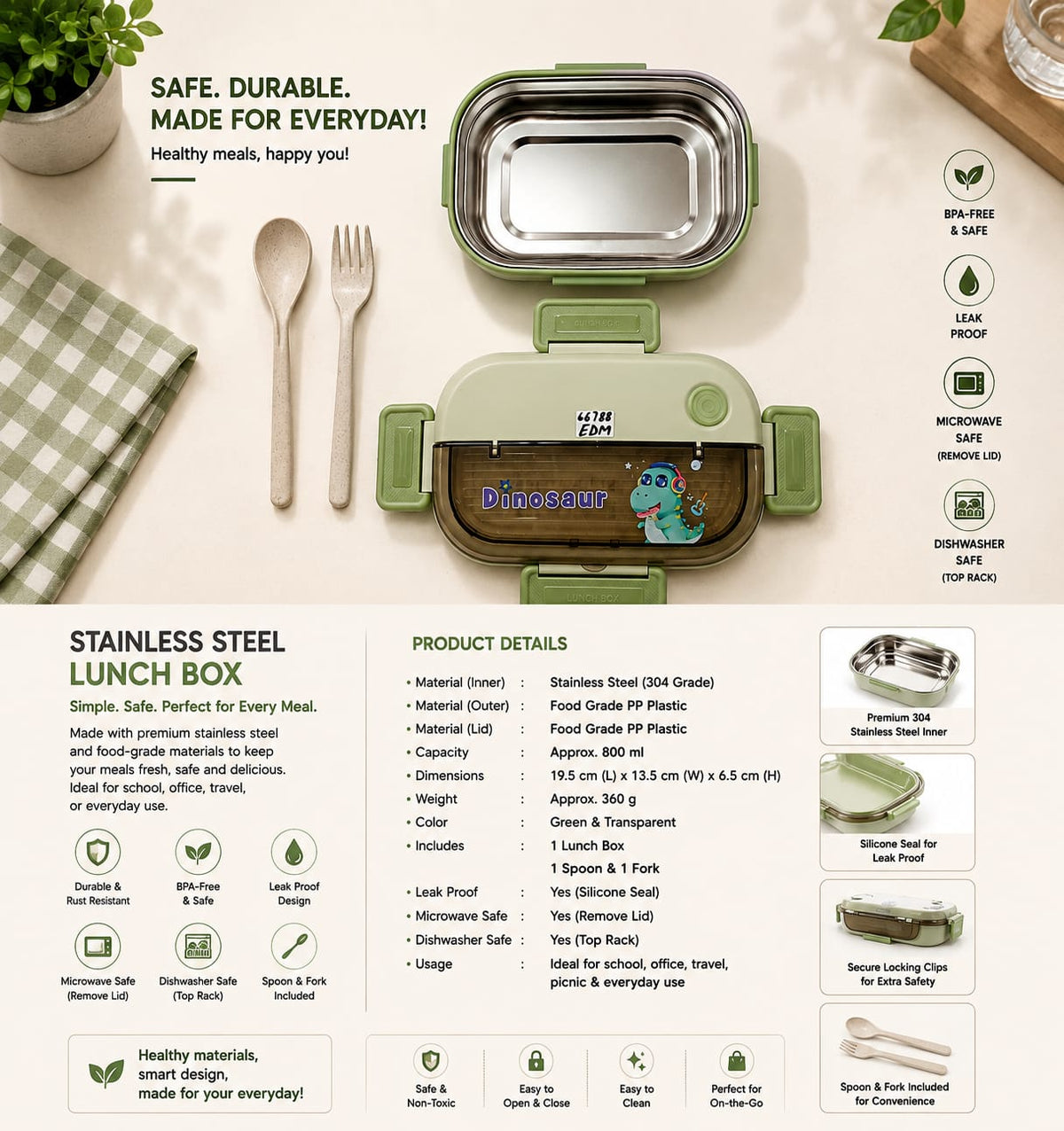 Green Kids Lunch Box with Spoon & Fork – 800ml Leak-Proof Food Container