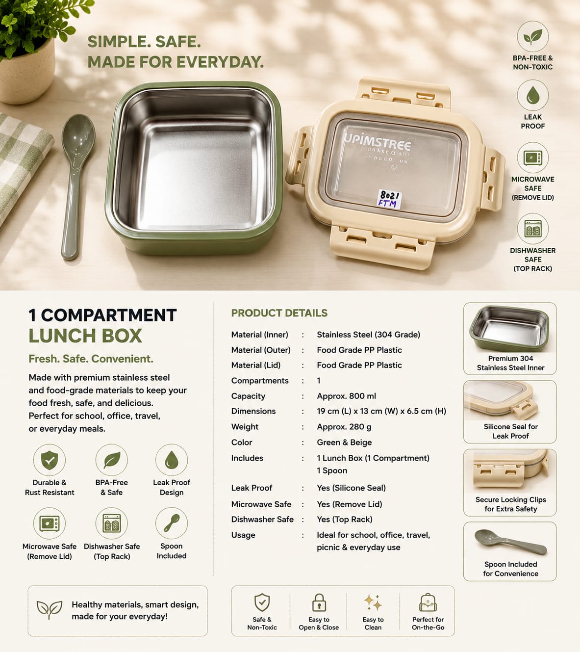 Green Single Compartment Lunch Box, Fresh Food. Safe Choice – Premium