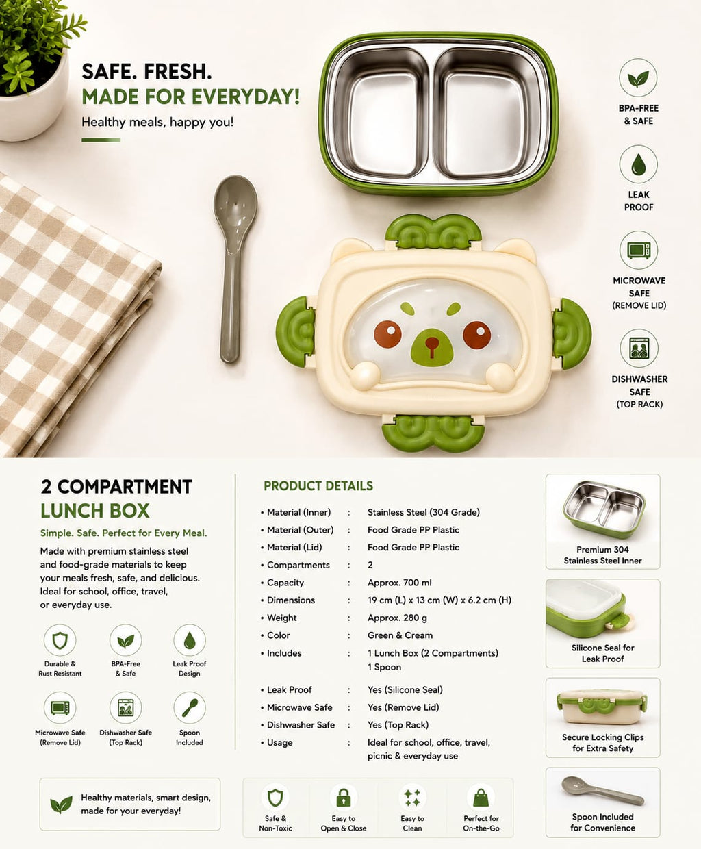Green Bear Lunch Box (700ml), Made for Everyday – Leak-Proof Lunch Box