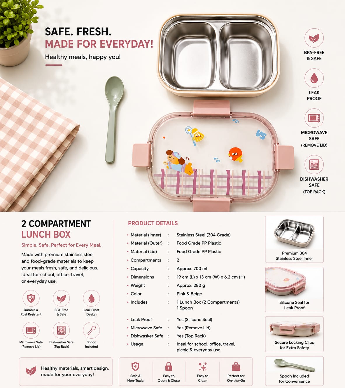 Pink 2 Compartment Stainless Steel Lunch Box | Leak-Proof BPA-Free Food Container