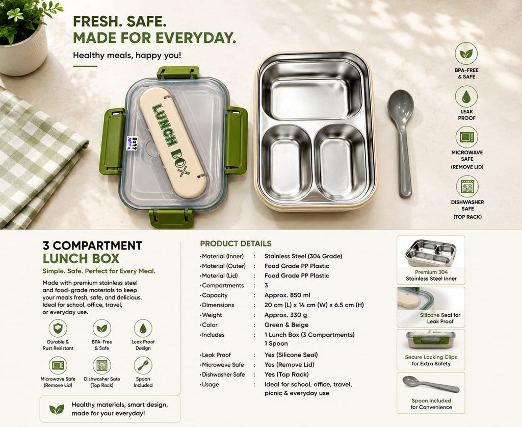 3 Compartment Stainless Steel Lunch Box | Leak-Proof BPA-Free Food Container