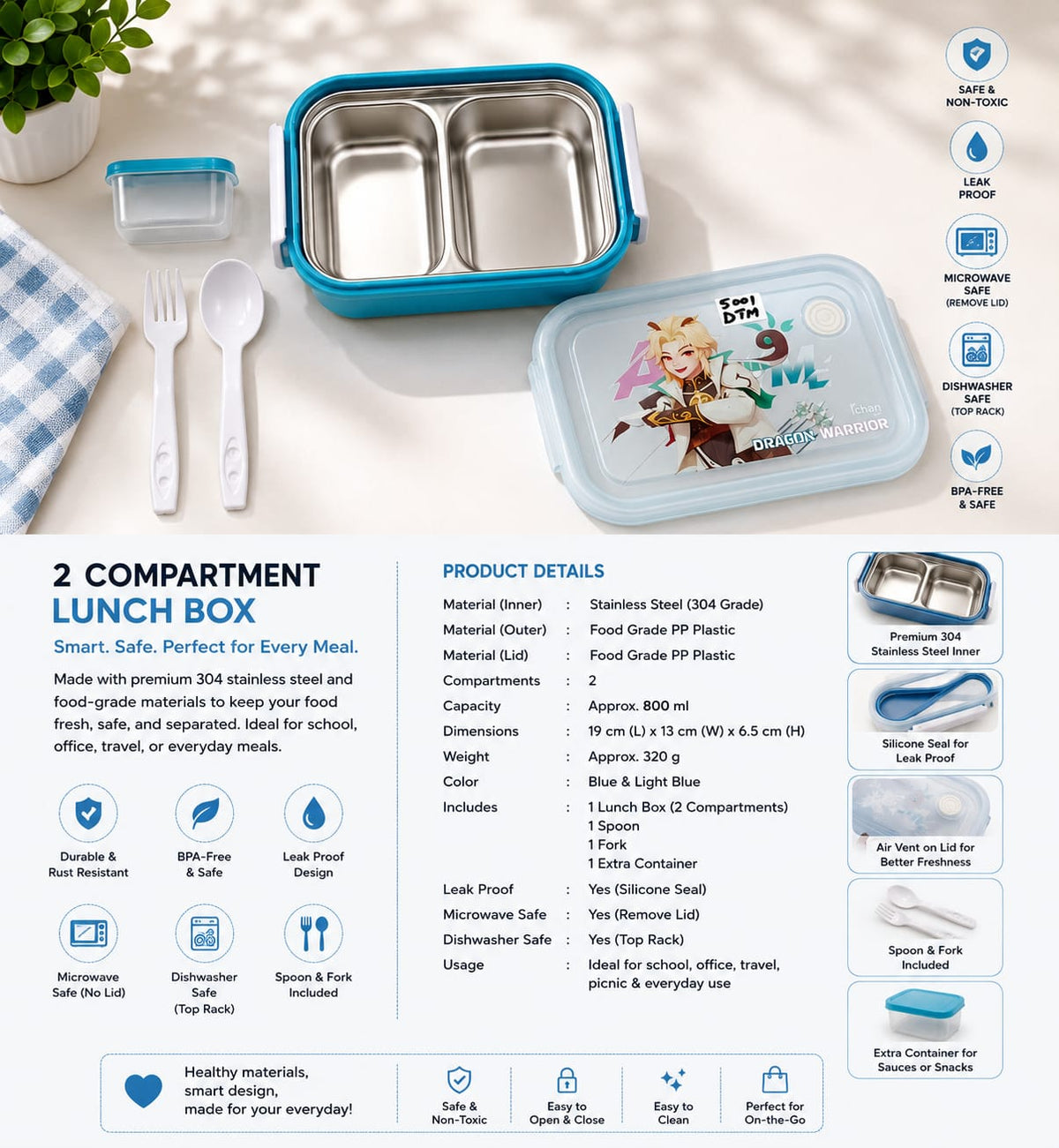 Blue 2 Compartment Stainless Steel Lunch Box with Spoon & Fork | Leak-Proof BPA-Free Lunch Container