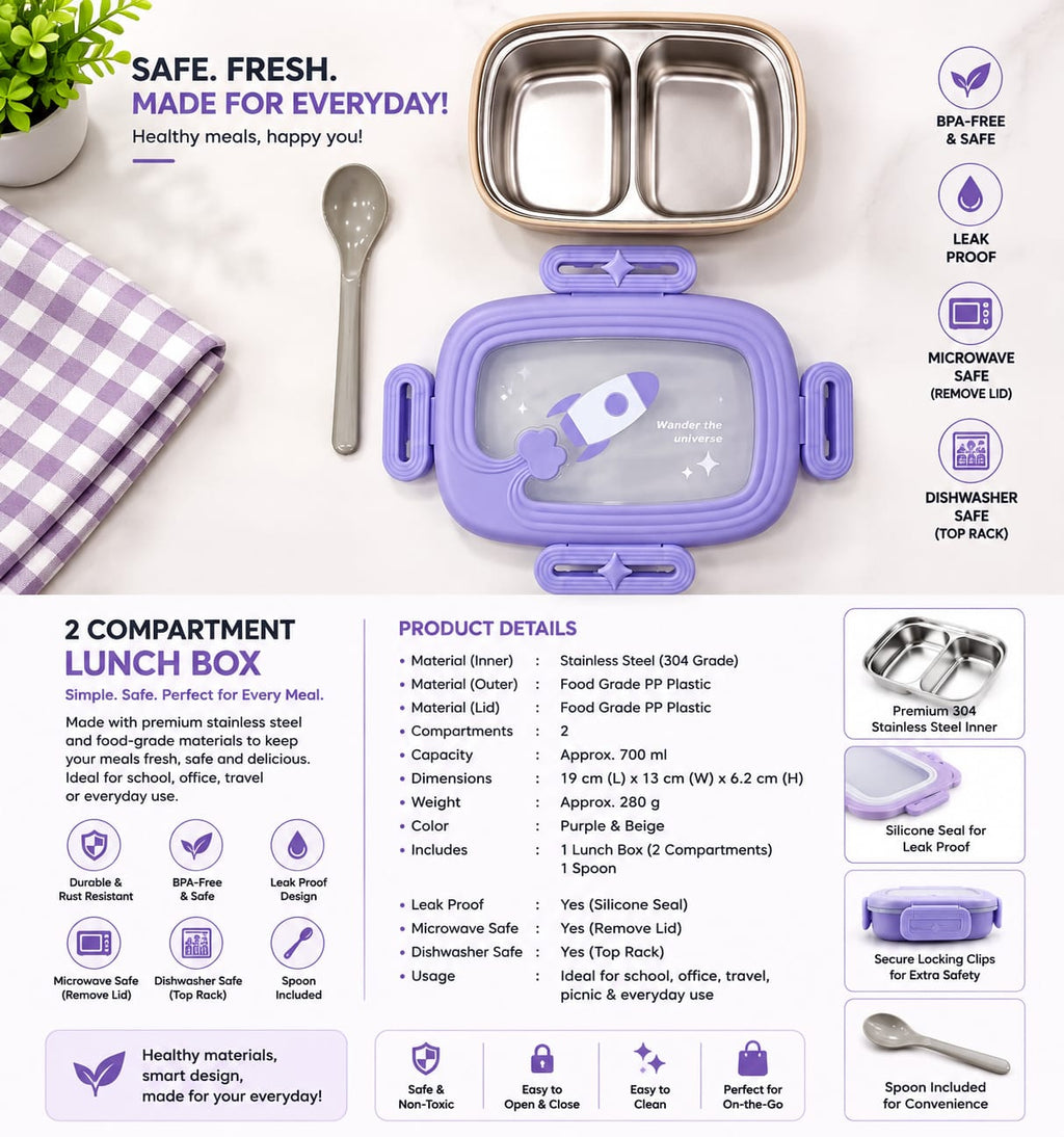 Safe. Fresh. Made for Everyday – 2 Compartment Stainless Steel Lunch Box