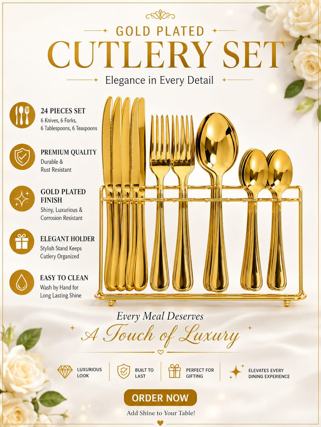 Premium Gold Plated Smooth Egg Cutlery Set – 24 Pieces