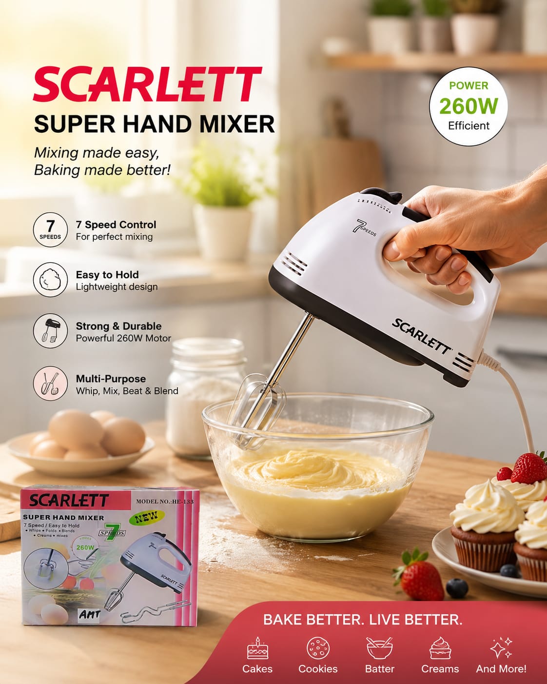 Scarlett 260W Electric Hand Mixer | 7 Speed Mixer | Lightweight Baking Mixer